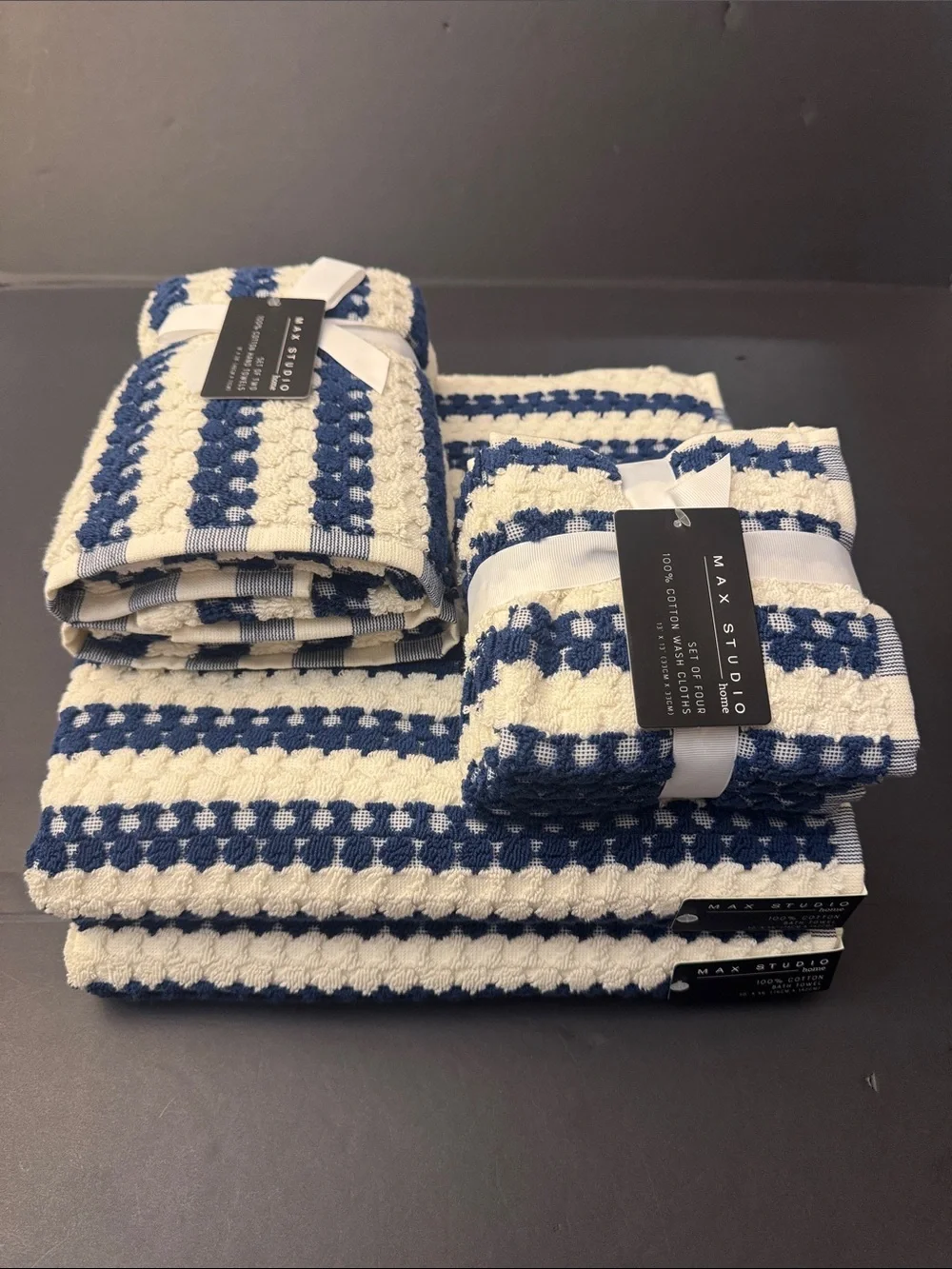 8pc MAX STUDIO 100% Cotton Textured Bath Towel Set - Blue/Off White